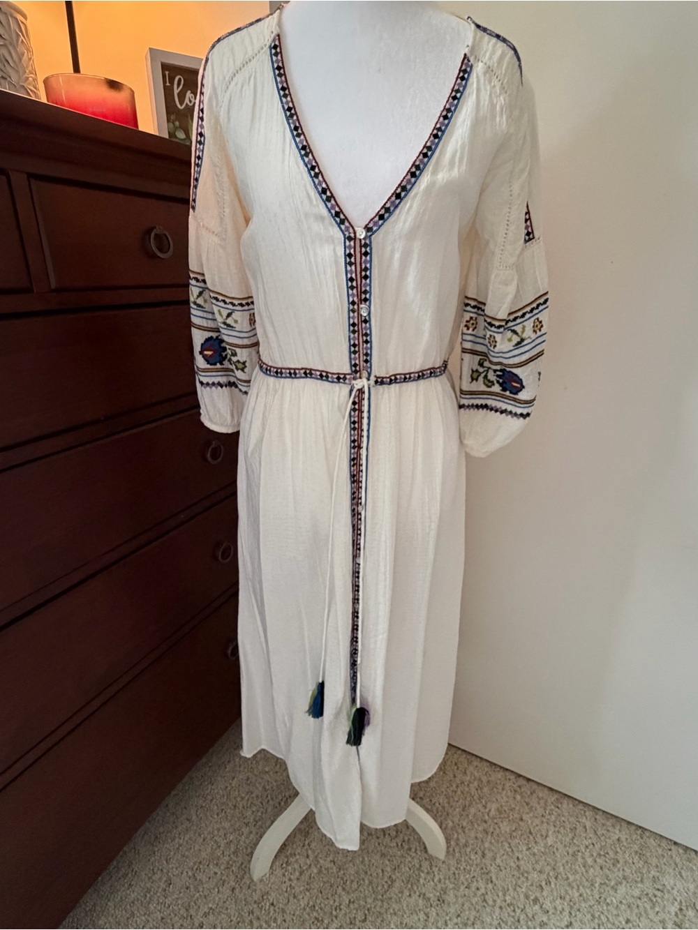 Zara Cream Embroidered Swim Coverup with Blue Accents